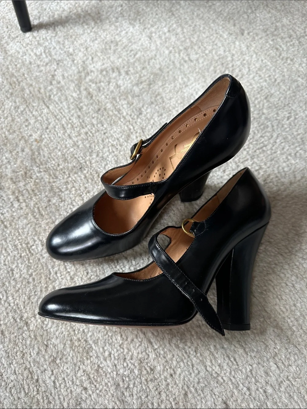 Yves Saint Laurent Black Leather Mary Jane Pumps with Gold Buckle